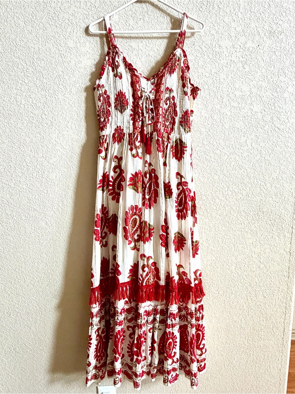 Anthropologie White Maxi Dress with Red Floral Print